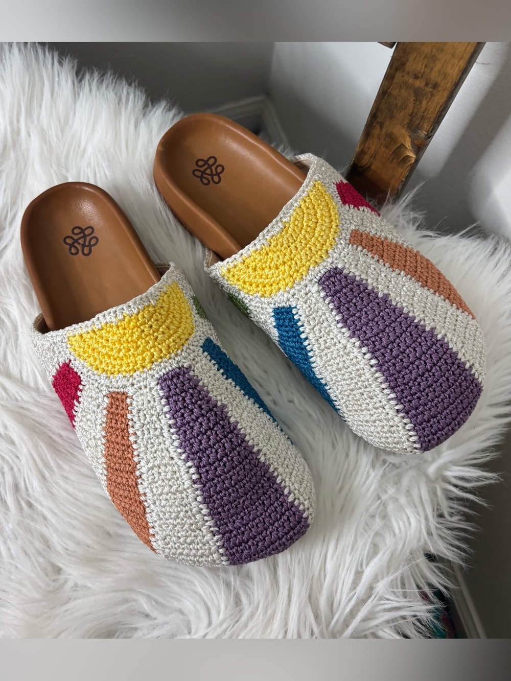 The Sak Sunshine and Rainbow Crochet Slip-On Mules in Cream Size 8